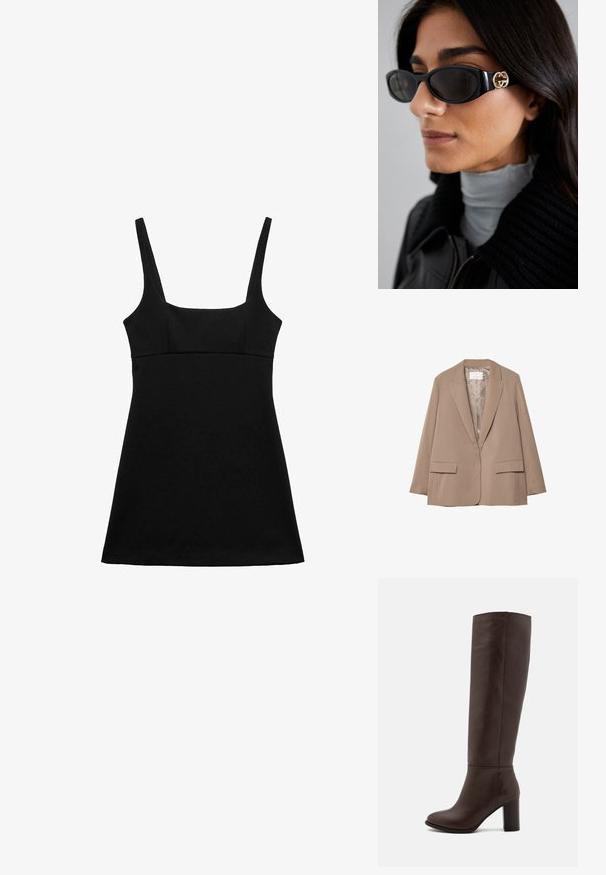 Beige gestreifter Blazer mit Reverskragen, zwei Vorderaschen und glatter Fütterung. Hat eine taillierte Form und lockere Passform.; Schwarzes ärmelloses Kleid mit quadratischem Ausschnitt, tailliertem Oberteil und ausgestelltem Saum. Aus glattem Stoff gefertigt, ohne sichtbare Muster oder Verzierungen.; Braune Lederstiefel bis zum Knie mit Blockabsatz, glatter Textur, runder Spitze und minimalen Nahtdetails.; Schwarze Sonnenbrille mit einem schlanken rechteckigen Rahmen und einem goldenen Logo-Akzent an der Seite. Dunkle Gläser und glänzende Oberfläche sind auffällig.