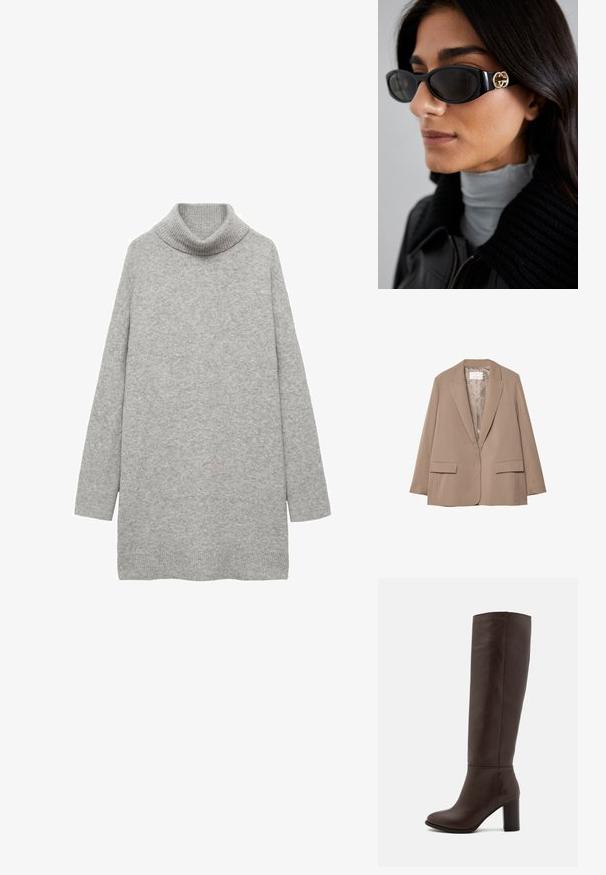 Beige kavaj med sträckta ränder, med slag och två framfickor, samt en slät foder. Har skräddarsydd form och avslappnad passform.; Ljusgrå oversized turtleneck-tröja, gjord av mjukt tyg, med en ribbad krage och långa ärmar, med en rak nederkant.; Brun läder knähög stövel med klack, slät textur, rund tå och minimala sömnadsdetaljer.; Svarta solglasögon med en elegant rektangulär ram och en guldfärgad logotypaccent på sidan. Mörka linser och en blank yta är framträdande.
