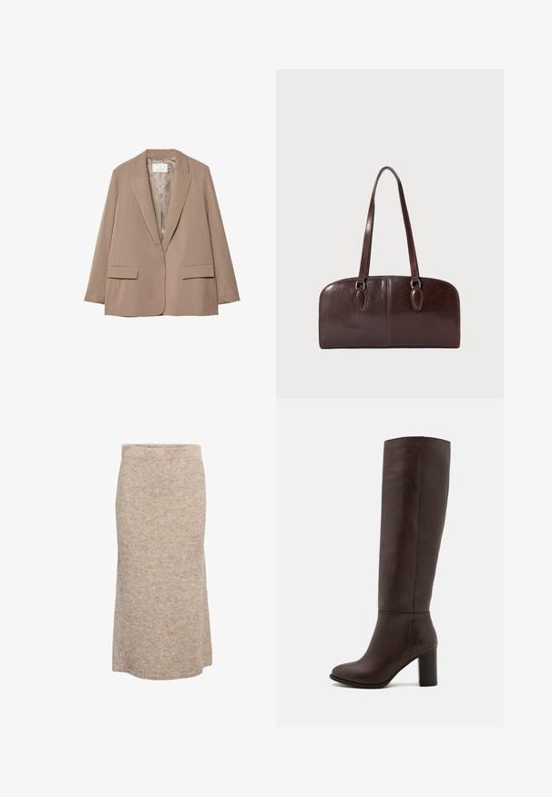 Beige gestreepte blazer met een geknipte revers, twee vozakken en een zachte voering. Heeft een getailleerde vorm en een relaxte pasvorm.; Witte longsleeve top met een bootnek. Gemaakt van zachte stof, met flare mouwen en een rechte zoom, biedt een eenvoudig en veelzijdig ontwerp.; Beige wollen midi-rok met een zachte textuur, elastische tailleband en een rechte silhouet, voorzien van een subtiele gemêleerde patroon.; Bruine leren kniehoog laars met een blokhak, gladde textuur, ronde neus en minimale stikseldetails.; Bruine leren handtas met twee lange handvatten, een gestructureerde rechthoekige vorm, een gladde textuur en ronde randen. Beschikt over accentdetails bij de handvatten.