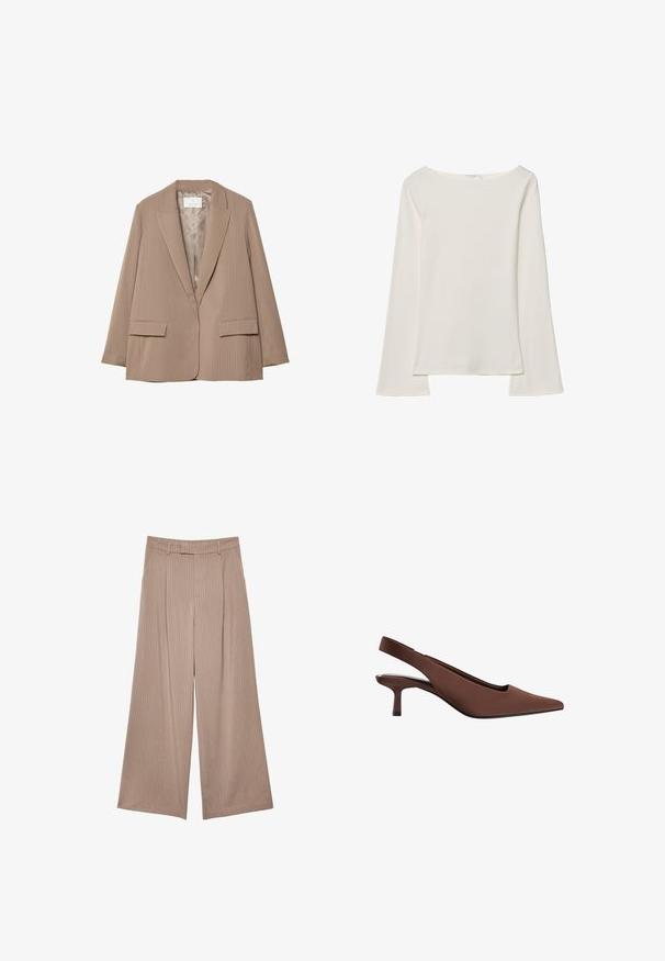 Beige gestreifter Blazer mit Reverskragen, zwei Vorderaschen und glatter Fütterung. Hat eine taillierte Form und lockere Passform.; Weißes Langarmtop mit einem Boot-Ausschnitt. Hergestellt aus weichem Material, zeichnet sich durch ausgestellte Ärmel und einen geraden Saum aus und bietet ein einfaches und vielseitiges Design.; Beige, weit geschnittene Hose aus strukturiertem Stoff mit vertikalen Nadelstreifen. Verfügt über einen flachen Bund vorne und keine sichtbaren Verschlüsse.; Braune Slingback-High-Heels mit spitzer Zehe, glatter Textur, schlankem Absatz in mittlerer Höhe und minimalistischen Design.