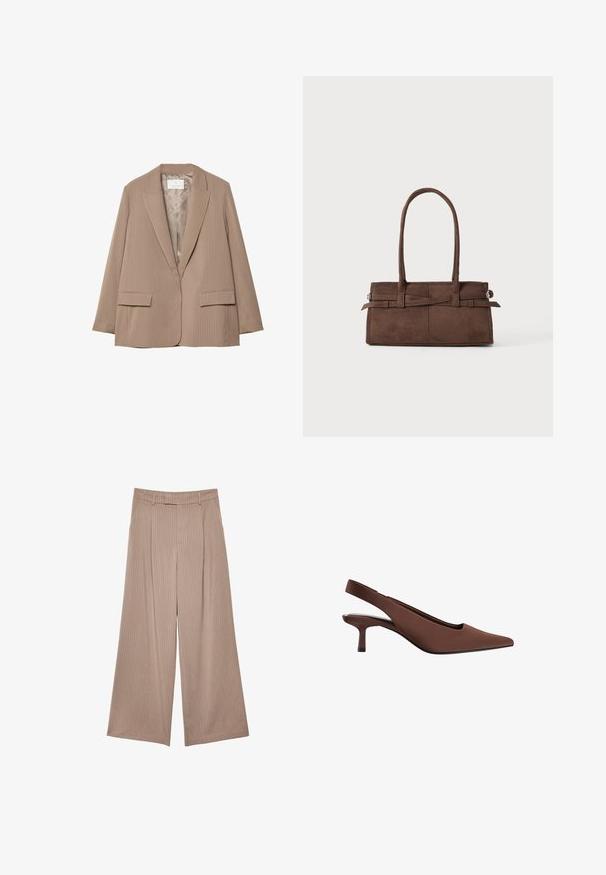 Bež blazer s prugicami in izrezanim reverjem, dvema sprednjima žepoma in gladko podlogo. Ima obliko krojenega in sproščenega kroja.; Bela dolga majica z rokavi in čolničastim izrezom. Narejena iz mehkega materiala, ima razširjene rokave in ravno robno obdelavo, kar ponuja preprost in vsestranski dizajn.; Bež hlače širokih nogavic z vertikalnimi črtami, visokim pasom in gladko teksturo, s krojem, ki je natančno oblikovan in ima čist zaključek.; Rjava slingback petna čevlja s koničastim nosom, gladko teksturo, vitko srednje visoko peto in minimalističnim dizajnom.; Rjava semiš torba z dvema robustnima ročajema, pravokotne oblike in dekorativnim trakom po sprednji strani.