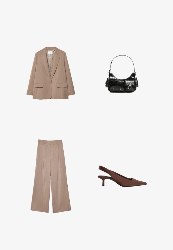 Beżowa marynarka w paski z wyciętymi klapami, dwoma przednimi kieszeniami i gładką podszewką. Posiada dopasowany kształt i luźny krój.; Biała bluzka z długim rękawem i dekoltem łódkowym. Wykonana z miękkiego materiału, z rozszerzanymi rękawami i prostym wykończeniem, oferująca prosty i uniwersalny design.; Beżowe spodnie o szerokich nogawkach z pionowymi prążkami, wysokim stanem oraz gładką teksturą, o dopasowanym kroju i starannym wykończeniu.; Brązowy but na obcasie typu slingback z szpiczastym noskiem, gładką teksturą, smukłym, średniej wysokości obcasem oraz minimalistycznym designem.; Czarna torebka z lakierowanej skóry o zaokrąglonym kształcie, z jednym paskiem na ramię, przednimi kieszeniami i akcentami w kolorze srebrnym.