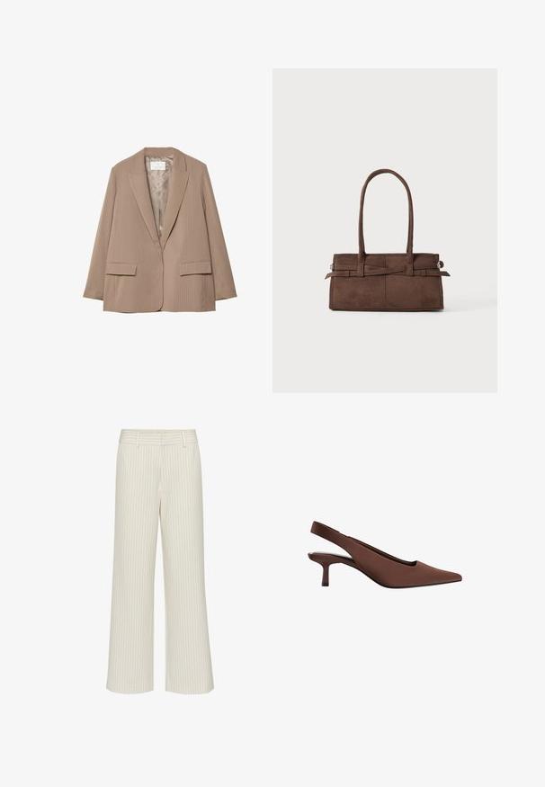 Bež blazer s prugicami in izrezanim reverjem, dvema sprednjima žepoma in gladko podlogo. Ima obliko krojenega in sproščenega kroja.; Bela dolga majica z rokavi in čolničastim izrezom. Narejena iz mehkega materiala, ima razširjene rokave in ravno robno obdelavo, kar ponuja preprost in vsestranski dizajn.; Hlače širokega kroja iz kremastega blaga s subtilnimi navpičnimi črtami, z ravnim pasom in zankami za pas. Gladka tekstura brez žepov.; Rjava slingback petna čevlja s koničastim nosom, gladko teksturo, vitko srednje visoko peto in minimalističnim dizajnom.; Rjava semiš torba z dvema robustnima ročajema, pravokotne oblike in dekorativnim trakom po sprednji strani.
