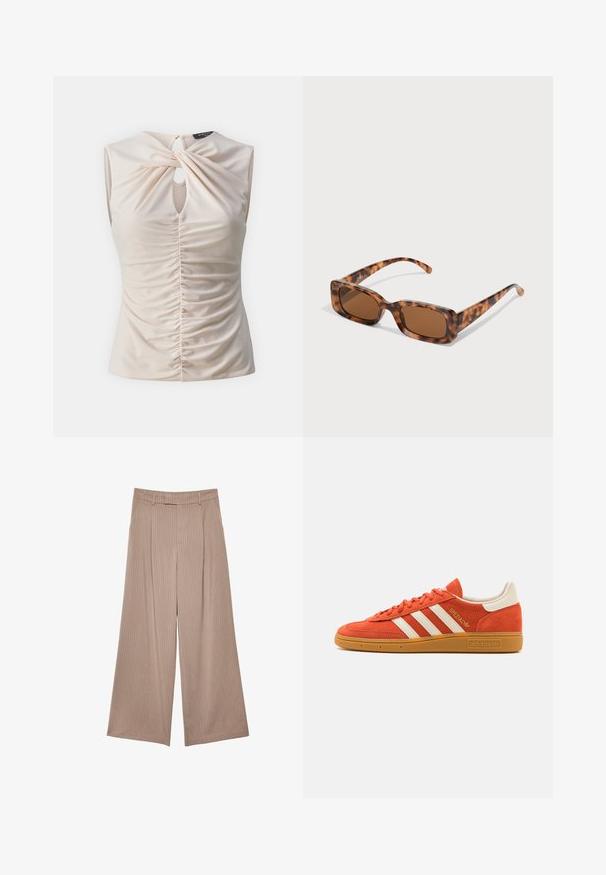 Beżowa marynarka w paski z wyciętymi klapami, dwoma przednimi kieszeniami i gładką podszewką. Posiada dopasowany kształt i luźny krój.; Kremowy bezrękawnik z otworem kluczowym, skręconym przodem i marszczoną fakturą wzdłuż ciała, wykonany z gładkiego, lekkiego materiału.; Beżowe spodnie o szerokich nogawkach z pionowymi prążkami, wysokim stanem oraz gładką teksturą, o dopasowanym kroju i starannym wykończeniu.; Pomarańczowe zamszowe trampki z białymi skórzanymi akcentami, z trzema białymi paskami i gumową podeszwą. Logo "Spezial" na języku.; Okulary przeciwsłoneczne w kolorze tortoishell z prostokątnymi brązowymi soczewkami, grubą oprawką i cienkimi zausznikami z wzorem w różnych odcieniach brązu.