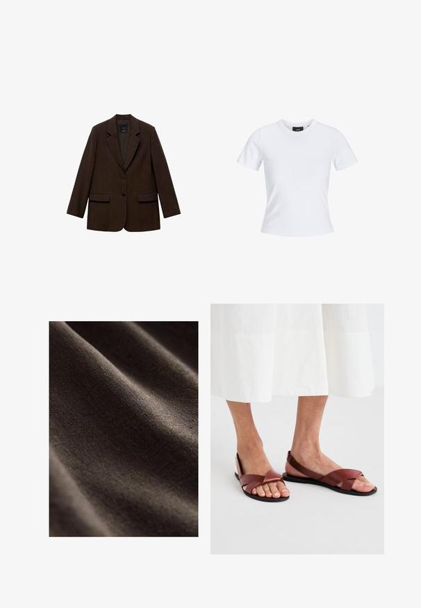 Ruskea bleiseri, jossa on jämäkkä muotoilu, kaksi etupussia, kaksi nappia ja uurrettu kaulus. Valmistettu teksturoituu materiaalista.; Valkoinen lyhythihainen t-paita pyöreällä pääntiellä, valmistettu puuvillamateriaalista, jossa on vartalonmyötäinen malli ja musta tuotemerkki, joka on kauluksen sisäpuolella.; Tummanruskea kangas, jossa on sileä ja teksturoitu pinta, jossa on hienovaraisia ryppyjä ja pehmeä, mattapinta. Ihanteellinen erilaisiin tekstiilikäyttöihin.; Ruske nahke sandale s prečnimi trakovi in odprtim hrbtom, z ravnim podplatom. Traki so gladki z mat površino.