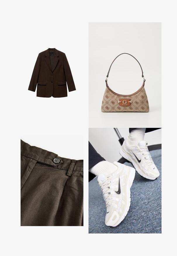 Brun blazer med en struktureret design, to frontlommer, to knapper og skåret klapkrave. Lavet af tekstureret stof.; Hvid kortærmet t-shirt med rund halsudskæring, fremstillet af bomuldsstof, med en tætsiddende silhuet og et sort mærke indeni kraven.; Brune linnedresser med knaplukning, folder foran og et struktureret stof. Livet er formet med synlige sømme.; Hvide og beige Nike sneakers med en mesh-overdel, tekstureret overflade, sort swoosh og en polstret sål med en skridsikker ydersål.; Tote bag i beige stof med brune mønstrede detaljer. Har en buet form, enkelt strop og et logo-plakette foran med sølvhardware.