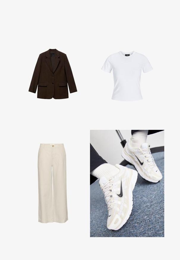 Bruine blazer met een gestructureerd ontwerp, twee voorkanten zakken, twee knopen en met uitgesneden revers. Gemaakt van textuurstof.; Witte T-shirt met korte mouwen en een ronde hals, gemaakt van katoen, met een getailleerde snit en een zwart merklabel aan de binnenkant van de kraag.; Lichtbeige linnen broek met wijde pijpen en knoopsluiting, met een soepele textuur en minimale stikdetails aan de zoom.; Witte en beige Nike sneakers met een mesh bovenwerk, textuur overlay, zwarte swoosh en een gevoerde zool met een gripzool.