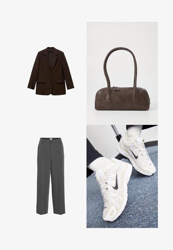 Brauner Blazer mit strukturiertem Design, zwei vorderen Taschen, zwei Knöpfen und geschlitzten Revers. Hergestellt aus texturiertem Stoff.; Weißes T-Shirt mit kurzen Ärmeln und Rundhalsausschnitt, aus Baumwollmaterial gefertigt, mit taillierter Silhouette und einem schwarzen Markenlabel im Kragen.; Graue, maßgeschneiderte Hose mit geradem Bein, flachem Vorderteil und subtiler Textur. Sie verfügt über einen Bund mit Gürtelschlaufen und keine sichtbaren Taschen.; Weiße und beige Nike-Sneaker mit einem Obermaterial aus Mesh, strukturiertem Overlay, schwarzem Swoosh und einer gepolsterten Sohle mit rutschfester Außensohle.; Braune Lederhandtasche mit zwei stabilen Griffen, rechteckiger Form, glatter Oberfläche und Reißverschluss. Minimalistisches Design ohne sichtbare Muster.