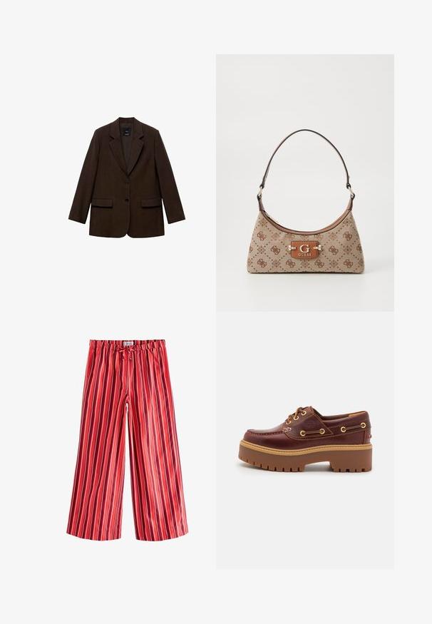 Brązowa marynarka o strukturalnym fasonie, z dwiema przednimi kieszeniami, dwoma guzikami oraz wyciętymi klapami. Wykonana z teksturowanej tkaniny.; Biała koszulka z krótkim rękawem, okrągłym dekoltem, wykonana z materiału bawełnianego, charakteryzująca się dopasowaną sylwetką oraz czarną metką marki wewnątrz kołnierza.; Next WIDE czerwony; Brązowe skórzane buty typu boat shoe z grubą brązową gumową podeszwą, złotymi oczkami i kontrastowym szwem. Posiadają logo na boku.; Torba tote w beżowym materiale z brązowymi wzorzystymi akcentami. Posiada zakrzywiony kształt, pojedynczy pasek oraz plakietkę z logo z przodu z srebrnymi elementami.