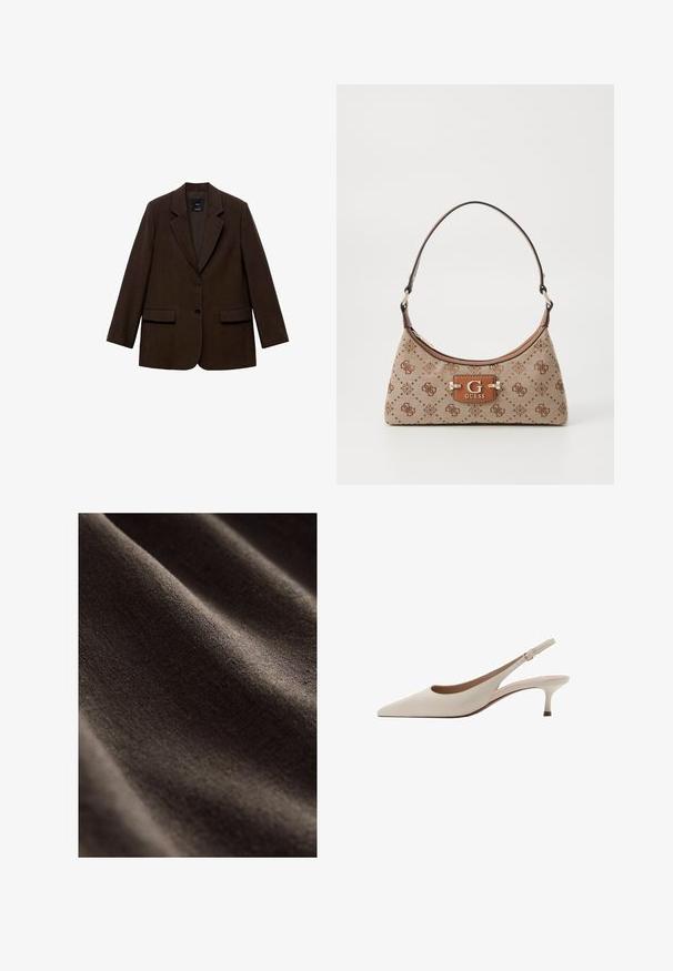 Brown blazer with a structured design, two front pockets, two buttons, and notched lapels. Made from textured fabric.; White short-sleeve t-shirt with a round neckline, made of cotton material, featuring a fitted silhouette and a black brand label inside the collar.; Dark brown fabric with a smooth, textured surface, featuring subtle wrinkles and a soft, matte appearance. Ideal for various textile applications.; Beige slingback heels with a pointed toe and a low, flared heel. Made from smooth leather with a minimalistic design and adjustable strap.; Tote bag in beige fabric with brown patterned accents. Features a curved shape, single strap, and a logo plaque in front with silver hardware.