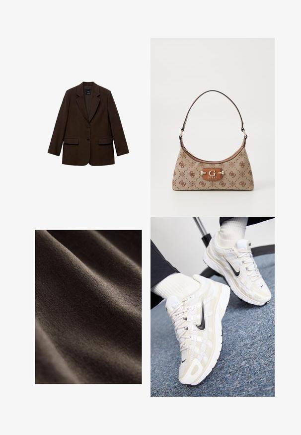 Brun kavaj med en strukturerad design, två framfickor, två knappar och slitsade slag. Tillverkad av textil med struktur.; Vit t-shirt med kort ärm och rund halsringning, tillverkad av bomullsmaterial, med en figursydd silhuett och en svart märkesetikett inuti kragen.; Mörkbrunt tyg med en slät, texturerad yta, med subtila rynkor och en mjuk, matt finish. Perfekt för olika textilapplikationer.; Vita och beige Nike-sneakers med ett meshinredning, texturerad överdel, svarta swoosh och en dämpad sula med greppvänlig yttersula.; Tote-väska i beige tyg med brunmönstrade detaljer. Har en rundad form, ett enskilt handtag och en logotavla på framsidan med silverfärgad hårdvara.