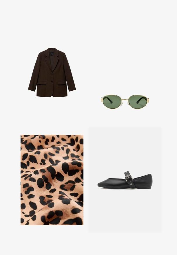 Brown blazer with a structured design, two front pockets, two buttons, and notched lapels. Made from textured fabric.; White tank top, ribbed texture, round neckline, sleeveless design, fitted shape, subtle branding on the label inside the collar area.; Leopard print fabric featuring large black spots on a beige background, with a smooth satin texture and flowing appearance.; Black leather flat shoe with a pointed toe, side strap featuring a silver buckle, and a low heel. Smooth texture and minimalistic design.; Gold metal-framed sunglasses with green tinted lenses, oval shape, black temples, and clear nose pads. Clean, minimalist design.; White faux leather handbag with a structured design, gold hardware accents, dual top handles, and an adjustable shoulder strap.