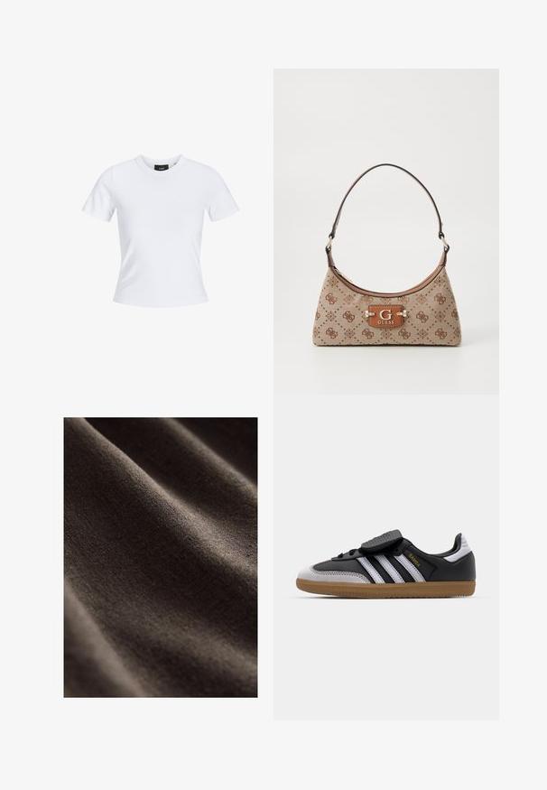 Hnedý blazer so štruktúrovaným dizajnom, dvoma prednými vreckami, dvoma gombíkmi a výstrihom s notched lapel. Vyrobené z štruktúrovanej tkaniny.; Biele tričko s krátkym rukávom a okrúhlym výstrihom, vyrobené z bavlny, s priliehavým strihom a čiernym logom značky vo vnútri goliera.; Tmavohnedá tkanina s hladkým, textúrovaným povrchom, s jemnými vráskami a mäkkým, matným vzhľadom. Ideálna pre rôzne textilné aplikácie.; Čierne kožené a šedé semišové tenisky s bielymi pruhmi, gumovou podrážkou, šnurovaním vpredu a suchým zipsom. Obsahujú zlaté označenie "Samba".; Taška cez rameno z béžovej tkaniny s hnedými vzorovanými akcentmi. Má zakrivený tvar, jedno ramenné ucho a prednú značkovú plaketu so striebornými kovovými prvkami.