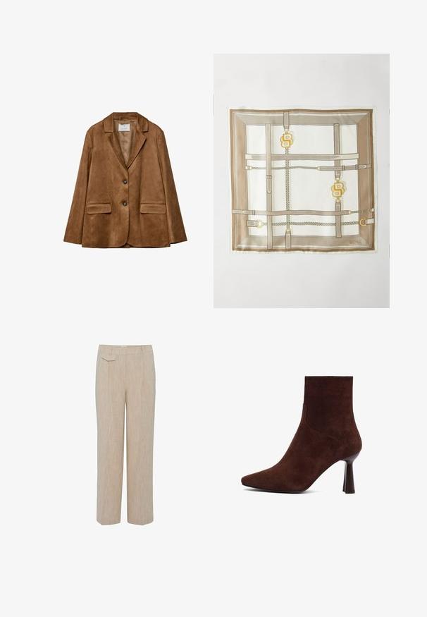 Blazer in suede marrone con due tasche frontali, rever a giornata e chiusura a due bottoni. Texture liscia e forma strutturata.; Gilet in maglia senza maniche beige con colletto a imbuto, fori per le braccia e orlo a coste, su sfondo bianco.; Pantaloni beige, leggeri, in tessuto misto lino con un design a gamba larga, caratterizzati da una tasca frontale singola e una sottile texture su tutta la superficie.; Stivale alla caviglia in suede marrone con punta affusolata, design aderente e tacco alto e sottile, caratterizzato da linee pulite e texture liscia.; Foulard in seta con un design geometrico beige e bianco, decorato con motivi di cinture e catene, e rifiniture in tonalità oro. Logo "BOSS" nell'angolo.; Borsa a spalla in pelle marrone con un design curvo, dotata di due fasce piatte e un logo dorato. Texture liscia con minimo utilizzo di metallo.