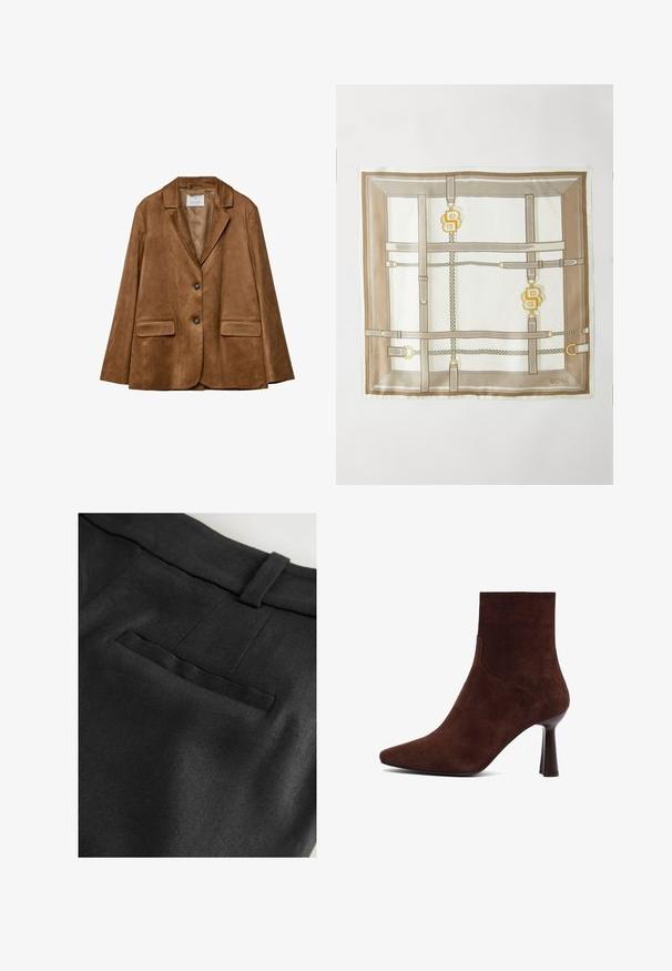 Braune Wildlederjacke mit zwei vorderen Taschen, Reverskragen und Zwei-Knopf-Verschluss. Glatte Textur und strukturierte Form.; Ärmelloser beiger Strick-Turtleneck-Sweater mit geripptem Kragen, Armausschnitten und Saum vor einem weißen Hintergrund.; Next RICH TAILORED JORT - Shorts - black; Braune Wildleder-Ankle-Boots mit spitzem Zehenbereich, enganliegendem Design und schlankem hohen Absatz, die sich durch klare Linien und eine glatte Textur auszeichnen.; Seidenschal mit einem tanfarbenen und weißen geometrischen Design, das Gürtel- und Kettenmuster sowie goldfarbene Akzente aufweist. Logo "BOSS" in der Ecke.; Braune Leder-Schultertasche mit geschwungenem Design, ausgestattet mit zwei flachen Trageriemen und einem goldenen Logo-Highlight. Glatte Textur mit minimalem Metallzubehör.