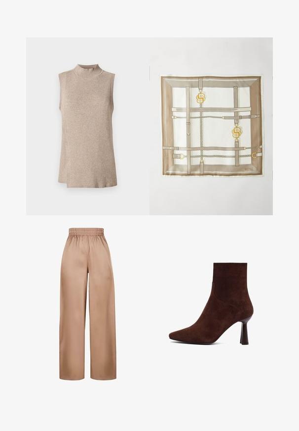 Brown suede blazer with two front pockets, notch lapels, and two-button closure. Smooth texture and structured shape.; Beige sleeveless top with a high ribbed collar, featuring a textured knit pattern and an asymmetrical hem, suitable for layering.; Wide-legged, light brown trousers made of smooth fabric with an elastic waistband, featuring a simple design and no additional embellishments.; Brown suede ankle boot with a pointed toe, fitted design, and a slim high heel, featuring clean lines and smooth texture.; Silk scarf featuring a tan and white geometric design with belt and chain motifs, and gold-tone accents. Logo "BOSS" in the corner.; Brown leather shoulder bag with a curved design, featuring two flat straps and a gold accent logo. Smooth texture with minimal hardware.