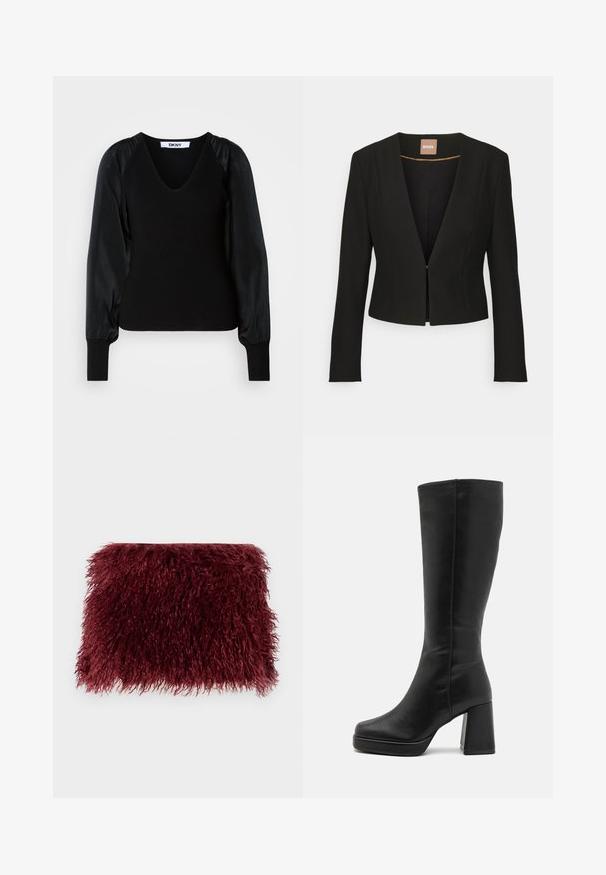 Melna īsa žakete ar dziļu V veida kakla izgriezumu, garām piedurknēm un vienu priekšējo sprādzi. Izgatavota no gludas, izturīgas auduma ar vieglu spīdumu.; Melnā DKNY garroku džemperis ar V veida izgriezumu, ribotu korpusu un aprocēm, kā arī gludām auduma pūkainām piedurknēm.; Burgundijas krāsas ādas somiņa ar teksturētu, pūkainu virsmu un taisnstūra formu, kurā ir mīkstas, garas šķiedras.; Anna Field Augstpapēžu zābaki - black
