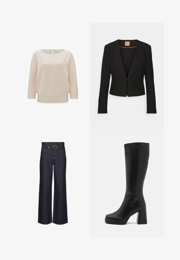 Schwarze, verkürzte Jacke mit tiefem V-Ausschnitt, langen Ärmeln und einem einzelnen vorderen Verschluss. Hergestellt aus einem glatten, robusten Stoff mit einem dezenten Glanz.; Cremfarbener Pullover mit vertikalen, hellen Streifen, weitem Ausschnitt und dreiviertellangen Ärmeln. Weiche Textur und leicht lockere Passform an der Taille.; Hoch taillierte weite Jeans in dunklem Denim. Mit klassischem Steppdesign, fünf Taschen und einem Knopfverschluss vorne.; Anna Field High Heel Stiefel - black
