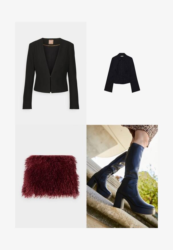Sort cropped blazer med dyb V-udskæring, lange ærmer og en enkelt frontlås. Lavet af et glat, robust stof med en subtil glans.; Sort, cropped skjorte med lange ærmer, krave og knaplukning foran. Fremstillet af glat stof, med tætsiddende design og minimal dekoration.; Burgunderfarvet pels clutch med en struktureret, langhåret overflade og rektangulær form, prydet med bløde, lange fibre overalt.; mtng NEW - Plateaustøvler - black