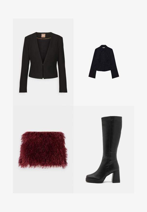 Črn skrajšan blazer z globokim V-izrezom, dolgimi rokavi in enim sprednjim zaponko. Narejen iz gladkega, trpežnega materiala z diskretnim sijajem.; Črna skrajšana srajca z dolgimi rokavi, ovratnikom in gumbom na sprednji strani. Narejena iz gladkega materiala, z oprijetim krojem in minimalnimi detajli.; Burgundska krzna torbica z teksturirano, z dolgimi ščetinami in pravokotno obliko, s mehkimi, dolgimi vlakni po celotni površini.; Anna Field Škornji z visoko peto - black
