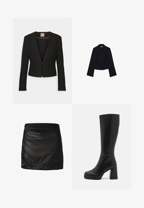 Schwarze, verkürzte Jacke mit tiefem V-Ausschnitt, langen Ärmeln und einem einzelnen vorderen Verschluss. Hergestellt aus einem glatten, robusten Stoff mit einem dezenten Glanz.; Schwarzes, kurzes Oberteil mit langen Ärmeln, Kragen und Knopfleiste. Hergestellt aus glattem Stoff, mit tailliertem Design und minimalen Details.; Schöffel HIKING STYLE CASCATA - Sportrock - schwarz; Anna Field High Heel Stiefel - black