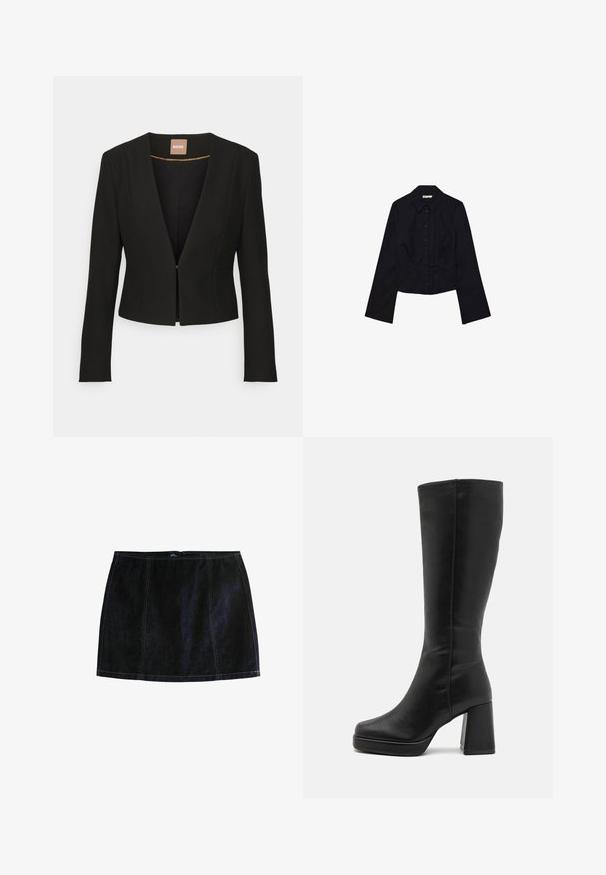 Crni skrajčeni sako s dubokim V-izrezom, dugim rukavima i jednim prednjim zatvaračem. Izrađen od glatkog, čvrstog materijala s suptilnim sjajem.; Crna skraćena košulja dugih rukava, s ovratnikom i kopčanjem sprijeda. Napravljena od glatkog materijala, s prilagođenim dizajnom i minimalnim detaljima.; Tamna traper mini suknja, s kontrastnim žutim šavovima, prilagođenog kroja i zatvaranjem na patentni zatvarač. Klasičan dizajn s pet džepova.; Anna Field Čizme s visokom petom - black