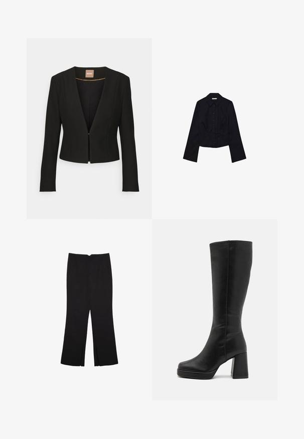 Czarna, krótką marynarka z głębokim dekoltem w kształcie V, długimi rękawami i pojedynczym zapięciem z przodu. Wykonana z gładkiego, mocnego materiału z delikatnym połyskiem.; Czarna krótka bluzka z długimi rękawami, kołnierzykiem i zapięciem na guziki. Wykonana z gładkiego materiału, o dopasowanym kroju i minimalistycznych detalach.; Czarne spodnie o prostym kroju, z przednimi kieszeniami i bocznymi rozcięciami na dole. Wykonane z miękkiego, gładkiego materiału. Odpowiednie na różne okazje.; Anna Field - Kozaki na obcasie