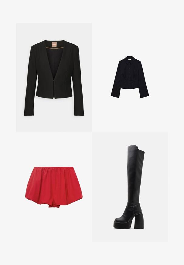 Svart kort blazer med djup V-ringning, långa ärmar och en enda framknäppning. Tillverkad av ett mjukt, hållbart tyg med en subtil lyster.; Svart kortärmad skjorta med lång ärm, krage och knäppning framtill. Tillverkad av slät tyg, med en figurnära design och minimal detaljer.; Röda, lätta shorts med elastisk midja. De har en lös, utsvängd design och veckat tyg för en avslappnad passform.; Buffalo HEART STRETCH BOOT - Platåstövlar - black