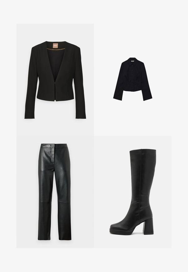 Črn skrajšan blazer z globokim V-izrezom, dolgimi rokavi in enim sprednjim zaponko. Narejen iz gladkega, trpežnega materiala z diskretnim sijajem.; Črna skrajšana srajca z dolgimi rokavi, ovratnikom in gumbom na sprednji strani. Narejena iz gladkega materiala, z oprijetim krojem in minimalnimi detajli.; Črne usnjene hlače z gladko teksturo, s ravnim krojem, sprednjim gumbom za zapiranje in minimalnimi šivi.; Anna Field Škornji z visoko peto - black