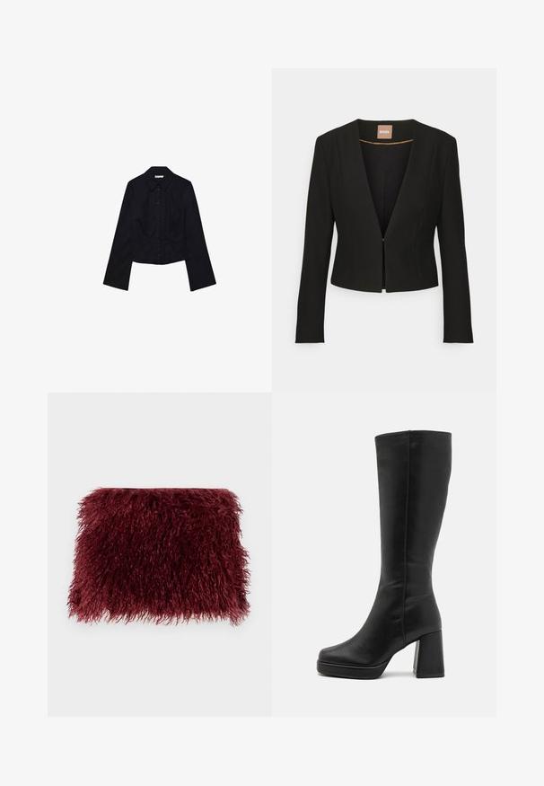 Schwarze, verkürzte Jacke mit tiefem V-Ausschnitt, langen Ärmeln und einem einzelnen vorderen Verschluss. Hergestellt aus einem glatten, robusten Stoff mit einem dezenten Glanz.; Schwarzes, kurzes Oberteil mit langen Ärmeln, Kragen und Knopfleiste. Hergestellt aus glattem Stoff, mit tailliertem Design und minimalen Details.; Burgunderfarbene Pelztasche mit einer strukturierten, flauschigen Oberfläche und rechteckiger Form, die über weiche, lange Fasern verfügt.; Anna Field High Heel Stiefel - black