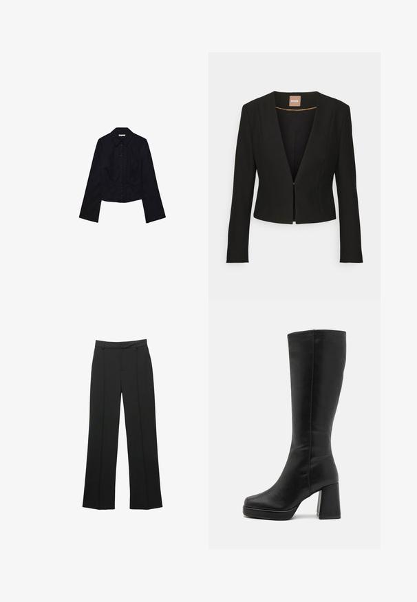 Sort cropped blazer med dyb V-udskæring, lange ærmer og en enkelt frontlås. Lavet af et glat, robust stof med en subtil glans.; Sort, cropped skjorte med lange ærmer, krave og knaplukning foran. Fremstillet af glat stof, med tætsiddende design og minimal dekoration.; Sorte bukser med lige ben lavet af et glat stof, der har en flad front, bæltestropper og ingen synlige lommer, med en skræddersyet pasform.; Anna Field Højhælede støvler - black