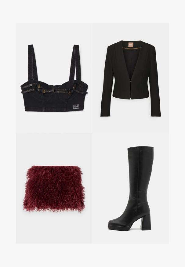 Svart cropped blazer med dyp V-hals, lange ermer og en enkelt frontkrok. Laget av et glatt, solid stoff med en subtil glans.; Versace Jeans Couture BUCKLE - Bluse - black; Burgunderfarget pelsclutch med en teksturert, shaggy overflate og rektangulær form, med myke, lange fibre overalt.; Anna Field Boots med høye hæler - black