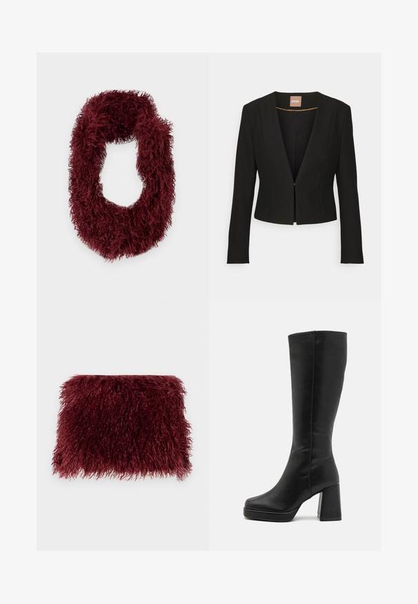 Juodas trumpas švarkas su giliu V formos iškirpimu, ilgomis rankovėmis ir vienu priekinio užsegimo užsegimu. Pagamintas iš lygaus, tvirto audinio su subtiliu blizgesiu.; Burgundi spalvos, purus neribotas šalikas, pagamintas iš minkštos medžiagos, turinčios struktūrinį, pūkuotą paviršių. Apvalios formos, jokios matomos aparatūros.; Vyniošos bordo spalvos pūkuota rankinė su tekstūruota, šukuota paviršiumi ir stačiakampio forma, su minkštais, ilgais plaukais visame paviršiuje.; Anna Field Aukštakulniai batai - black