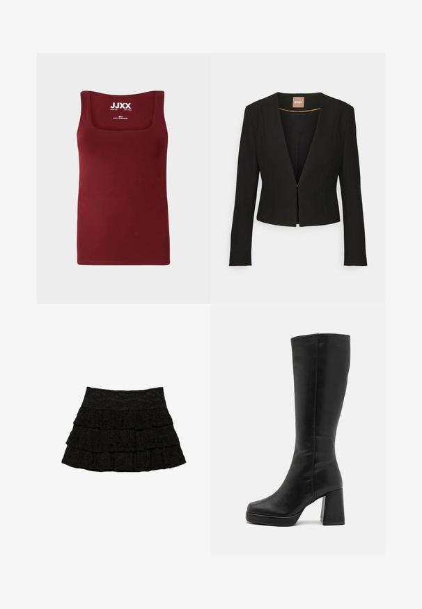 Čierny skrátený blejzer s hlbokým V-výstrihom, dlhými rukávmi a jedným predným zapínaním. Vyrobený z hladkej, pevnej látky s jemným leskom.; Bordová tielko s hranatým výstrihom. Vyrobené z hladkej tkaniny, má úzky strih a žiadne výrazné akcenty ani vzory.; Čierna skrátená blúzka s dlhými rukávmi, golierom a zapínaním na gombíky. Vyrobená z hladkej tkaniny, s priliehavým strihom a minimálnym detailom.; Čierna sukňa s viacerými vrstvami ruflí s textúrovaným kvetinovým vzorom. Elastický pás pre komfort a prispôsobenie.; Anna Field Topánky na vysokom opätku - black