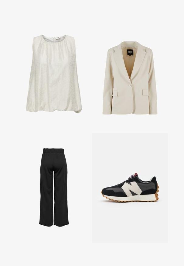 Blazer sartorial beige chiaro con rever a punta, chiusura a un bottone, due tasche frontali e superficie liscia. L'interno presenta l'etichetta del marchio.; Top bianco senza maniche con un sottile motivo texturizzato, dotato di un collo rotondo e una vita arricciata per una vestibilità comoda.; Pantaloni neri a gamba larga con cintura elastica, realizzati in tessuto liscio. Presentano un design pulito senza tasche o dettagli di cucitura visibili.; Sneaker in suede nero e grigio con un grande logo "N" color crema, lacci viola e una suola esterna in gomma gommosa texturizzata.