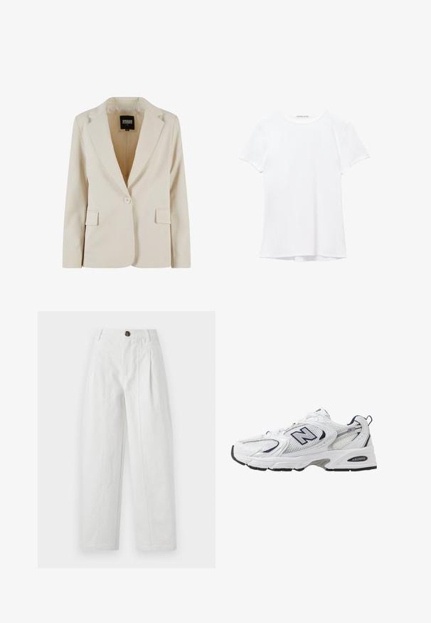 Svetlo bež blazer s pripasovanjem, z izrezanim ovratnikom, zapenjanjem na en gumb, dvema sprednjima žepoma in gladko teksturo. Notranjost vsebuje oznako blagovne znamke.; Bela kratka majica s kratkimi rokavi iz gladkega materiala, ki ima okroglo ovratnico in subtilne šive na robu.; Bele široke hlače iz bombaža z teksturiranim zaključkom. Imajo rjavo gumbe, naborke in stranske žepe.; Bele športne copate z mrežasto zgornjimi deli, mornarskimi naglasnimi barvami in oblazinjeno podplatom. Vključujejo logotip "N", vezalke in teksturirane detajle na strani.