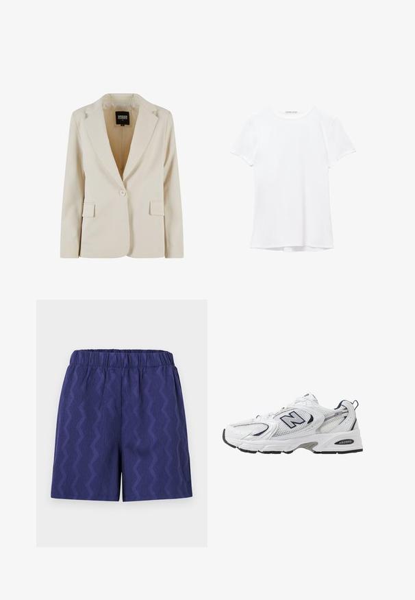 Svetlo bež blazer s pripasovanjem, z izrezanim ovratnikom, zapenjanjem na en gumb, dvema sprednjima žepoma in gladko teksturo. Notranjost vsebuje oznako blagovne znamke.; Bela kratka majica s kratkimi rokavi iz gladkega materiala, ki ima okroglo ovratnico in subtilne šive na robu.; Temno modri šorti z teksturiranim zigzag vzorcem, z elastiko v pasu za udobje in sproščen fit. Narejeni so iz lahkotnega blaga.; Bele športne copate z mrežasto zgornjimi deli, mornarskimi naglasnimi barvami in oblazinjeno podplatom. Vključujejo logotip "N", vezalke in teksturirane detajle na strani.