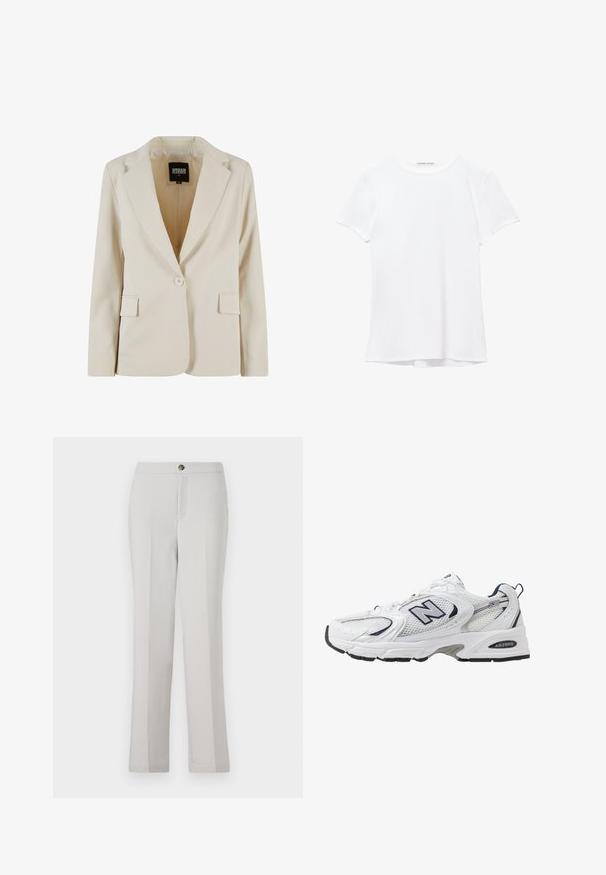 Helle beige maßgeschneiderte Blazerjacke mit Reverskragen, einem Knopfverschluss, zwei Vorderaschen und glatter Textur. Das Innere enthält das Markenetikett.; Weißes T-Shirt mit kurzen Ärmeln aus glatter Stoffqualität, mit rundem Ausschnitt und dezenten Nähten am Saum.; Hellegraue gerade geschnittene Hose aus glattem Stoff, mit einer Frontknopfverschluss, seitlichen Taschen und einer taillierten Passform.; Weißer Sportschuh mit Mesh-Obermaterial, navyblauen Akzenten und gepolsterter Sohle. Verfügt über das "N"-Logo, Schnürsenkel und eine strukturierte Detailverarbeitung an der Seite.