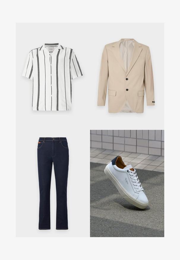 Bež blazer s dvonamenskim zapiranjem, s položenimi klapnicami, sprednjimi žepi in enim žepom na prsih. Gladka tkanina z oblikovanim krojem.; Kratka majica s kratkimi rokavi, bela z črnimi navpičnimi črtami. Ima zapenjanje s gumbi spredaj in ovratnik z zarezo. Narejena je iz lahkega blaga.; Temno modri jeans hlače s ravnim krojem, z oranžnim šivom, petimi žepi in gumbom za zapiranje v pasu.; Beli usnjeni čevelj s plavo peto, okrogelimi prsti in kontrastnimi rjavimi detajli. Ima ravne vezalke in teksturiran gumijast podplat.