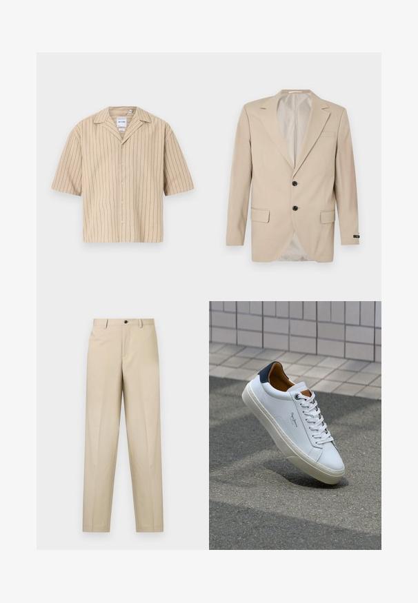 Bež blazer s dvonamenskim zapiranjem, s položenimi klapnicami, sprednjimi žepi in enim žepom na prsih. Gladka tkanina z oblikovanim krojem.; Kratka majica s gumbom bež barve z navpičnimi modrimi črtami. Ima kamp ovratnik in sproščen kroj. Narejena je iz mehkega, teksturiranega materiala.; Bež hlače iz lahkega materiala, s straight leg dizajnom, enim sprednjim gubom in gumbom za zapiranje na pasu.; Beli usnjeni čevelj s plavo peto, okrogelimi prsti in kontrastnimi rjavimi detajli. Ima ravne vezalke in teksturiran gumijast podplat.