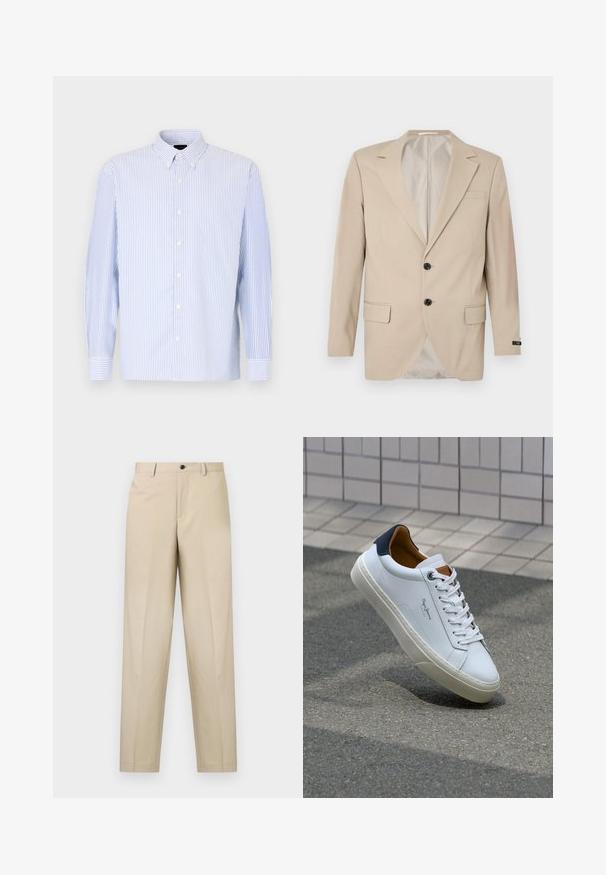 Beež bleiser kahe nupuga kinnitusega, lõikelehega krae, ees taskud ja üks rinnatasku. Sile kangas ja voogav lõige.; Heledad sinine ja valge triibuline pikkade varrukatega särk, millel on nööpidega kaelus ja valged nööbid. Sile kangas, mugav lõige.; Kaks polo särki: üks valge mustade aktsentidega, teine helesinine melange. Igal särgil on krae ja kahe nupuga avaus koos logoga.; Kerged beežid püksid kergetest kangast, sirge jala disainiga, ühe eesriide ja nööbi kinnitusega vöökoha juures.; Valge nahast tennis, millel on tumesinine konts, ümmargune nina ja kontrastsed pruuni aktsendid. Omab lamepaelti ja tekstureeritud kummist tallat.