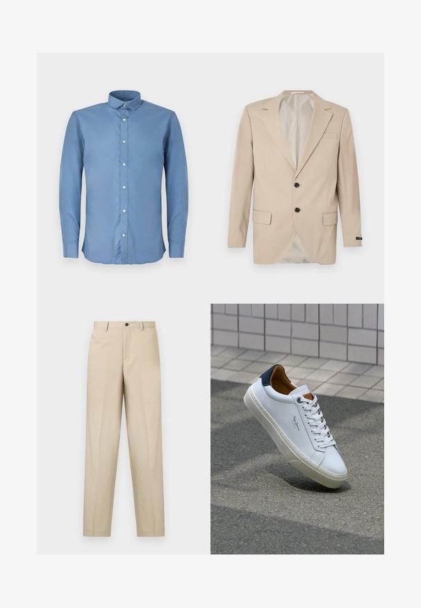 Beżowa marynarka z zapięciem na dwa guziki, wykrojonymi klapami, przednimi kieszeniami oraz pojedynczą kieszenią na piersi. Gładki materiał o dopasowanym kroju.; Jasnoniebieska koszula z długim rękawem i kołnierzykiem zapinanym na guziki, o gładkiej fakturze, z sześcioma białymi guzikami z przodu.; Beżowe spodnie wykonane z lekkiego materiału, z prostą nogawką, jednym przednim z plisą oraz zapięciem na guzik w pasie.; Białe skórzane trampki z granatowym piętkiem, okrągłym noskiem i kontrastowymi brązowymi akcentami. Posiadają płaskie sznurówki i teksturowaną gumową podeszwę.
