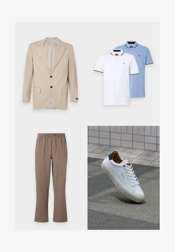 Beige blazer with a two-button closure, notched lapels, front pockets, and single chest pocket. Smooth fabric with a tailored fit.; Two polo shirts: one white with black accents, the other light blue heather. Each features a collar and two-button placket with logo.; Brown cotton pants with a drawstring waist, wide leg design, and slight flair at the ankles; smooth texture and no prominent patterns.; White leather sneaker with a navy heel, round toe, and contrasting brown accents. Features flat laces and textured rubber sole.