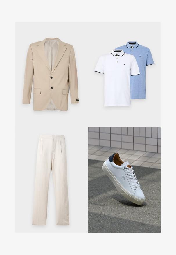 Blazer beige con chiusura a due bottoni, rever a notched, tasche frontali e taschino sul petto. Tessuto liscio con vestibilità sartoriale.; Due polo shirt: uno bianco con dettagli neri, l'altro in blu chiaro melange. Ognuno presenta un colletto e una chiusura a due bottoni con logo.; Pantaloni a gamba larga di un beige chiaro realizzati in tessuto testurizzato, dotati di una vita elastica e due pince frontali per un tocco di dettaglio in più.; Sneaker bianca in pelle con tallone blu, punta rotonda e accenti marroni a contrasto. Presenta lacci piatti e suola in gomma testurizzata.