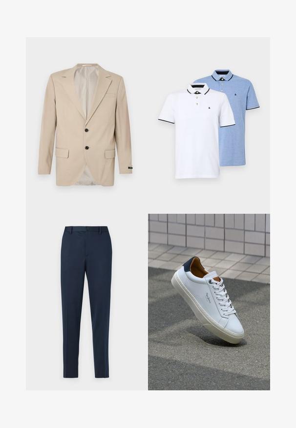 Bež blazer s dvonamenskim zapiranjem, s položenimi klapnicami, sprednjimi žepi in enim žepom na prsih. Gladka tkanina z oblikovanim krojem.; Dve polo majice: ena bela z črnimi detajli, druga svetlo modra melirana. Vsaka ima ovratnik in dva gumba na zadrgi s logotipom.; Temno modri krojeni hlače s ravnim krojem, ki imajo gumbasto zapiranje in odprtine za pas. Narejene so iz gladkega, lahkega materiala.; Beli usnjeni čevelj s plavo peto, okrogelimi prsti in kontrastnimi rjavimi detajli. Ima ravne vezalke in teksturiran gumijast podplat.