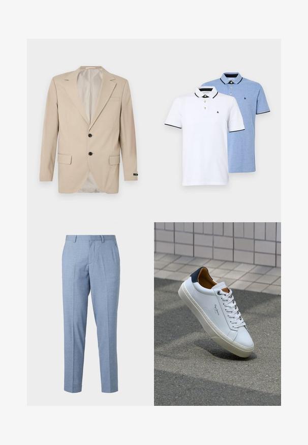 Bežs bleizers ar divu pogu aizdari, iemaukti lapiņas, priekšējās kabatas un viena krūšu kabata. Gluda auduma ar pieguļošu piegriezumu.; Divi polo krekli: viens balts ar melniem akcentiem, otrs gaiši zils melnā toņkārtā. Katram ir apkakle un divu pogu aizdare ar logo.; Gaiši zili veidoti bikses ar struktūrētu apdari, pielāgotu dizainu un taisnu kāju. Iekļautas priekšējas kabatas un siksnas cilpas.; Baltas ādas čības ar tumši zilu papēdi, apaļu purngalu un kontrastējošām brūnām detaļām. Aprīkotas ar plakanu auklu un struktūrētu gumijas zoli.