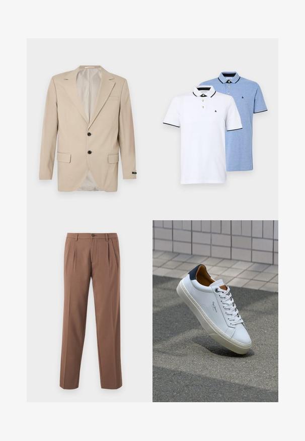 Blazer beige con chiusura a due bottoni, rever a notched, tasche frontali e taschino sul petto. Tessuto liscio con vestibilità sartoriale.; Due polo shirt: uno bianco con dettagli neri, l'altro in blu chiaro melange. Ognuno presenta un colletto e una chiusura a due bottoni con logo.; Pantaloni marroni a pieghe con design a gamba dritta, dotati di chiusura con un solo bottone e tessuto liscio e testurizzato.; Sneaker bianca in pelle con tallone blu, punta rotonda e accenti marroni a contrasto. Presenta lacci piatti e suola in gomma testurizzata.