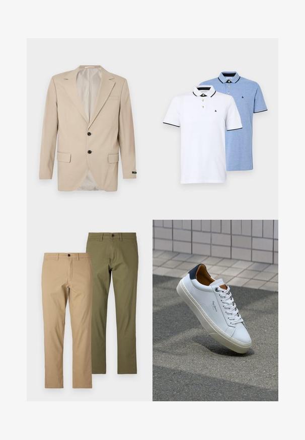 Beige blazer with a two-button closure, notched lapels, front pockets, and single chest pocket. Smooth fabric with a tailored fit.; Two polo shirts: one white with black accents, the other light blue heather. Each features a collar and two-button placket with logo.; Tan and olive green cotton trousers, straight-cut design, with belt loops, zip fly, and button closure, featuring a smooth texture.; White leather sneaker with a navy heel, round toe, and contrasting brown accents. Features flat laces and textured rubber sole.