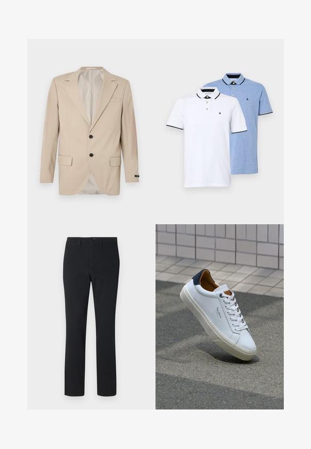 Μπεζ σακάκι με κλείσιμο δύο κουμπιών, γιακά με νότες, μπροστινές τσέπες και μία τσέπη στο στήθος. Λείο ύφασμα με κομψή γραμμή.; Δύο πόλο πουκάμισα: το ένα λευκό με μαύρες λεπτομέρειες, το άλλο ανοιχτό μπλε με απόχρωση. Κάθε ένα διαθέτει γιακά και πατιλέτα με δύο κουμπιά με λογότυπο.; Μαύρο παντελόνι ίσιας γραμμής φτιαγμένο από λεία ύλη. Διαθέτει περαστό κούμπωμα εμπρός, θηλιές για ζώνη και δύο πλαϊνές τσέπες.; Λευκό δερμάτινο αθλητικό παπούτσι με ναυτική φτέρνα, στρογγυλή μύτη και αντίθετα καφέ αξεσουάρ. Διαθέτει επίπεδους κορδόνες και υφή από καουτσούκ στη σόλα.