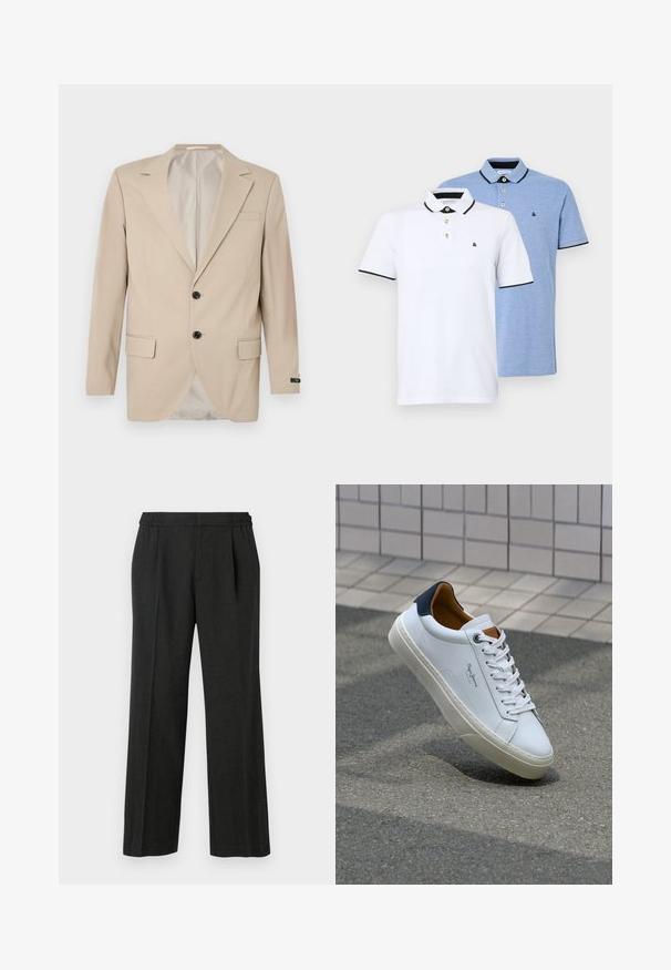 Bežinė blazer'io striukė su dviem mygtukais, iškirptais atlapais, priekinėmis kišenėmis ir viena krūtinės kišene. Glotnus audinys su pritaikytu siluetu.; Du dušo marškiniai: vieni balti su juodomis detalėmis, kiti šviesiai mėlyni. Kiekvieni turi apykaklę ir dviejų mygtukų pastatą su logotipu.; Juodos plačios kojinės kelnės su elastinga juosmens juosta, raukšlėtu priekiu ir lygiu paviršiumi. Be matomų raštų ar metalinių detalių.; Balti odiniai sportbačiai su mėlynu kulnu, apvalia nosimi ir kontrastingais rudais akcentais. Aptakios raišteliai ir tekstūruota guma.